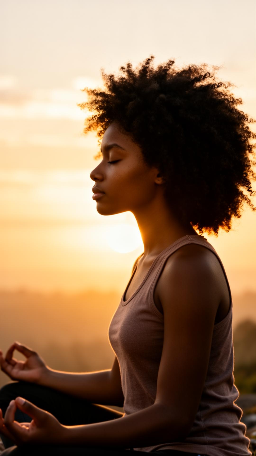 A teen meditating at sunrise