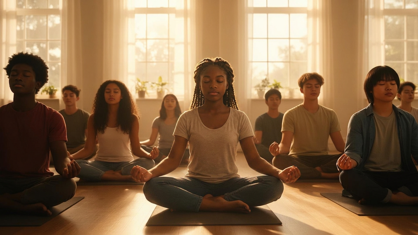 Diverse teenagers meditating together in a sunlit room