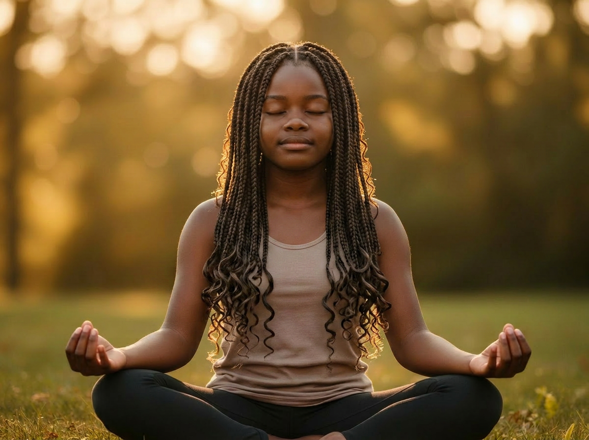 A teen meditating peacefully at golden hour